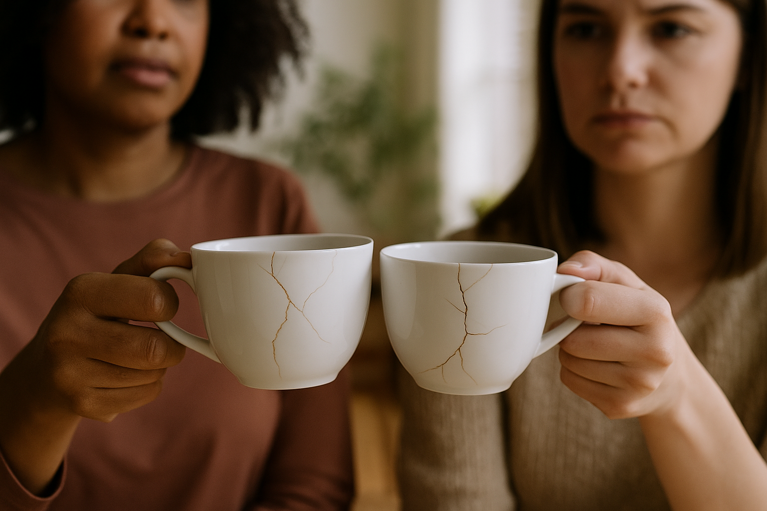 Two women holding cracked teacups